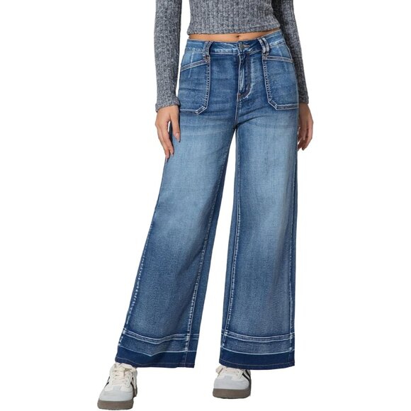 Women’s Wide Leg Jeans High Waisted Stretchy Casual Baggy Denim Pants - Picture 7 of 7